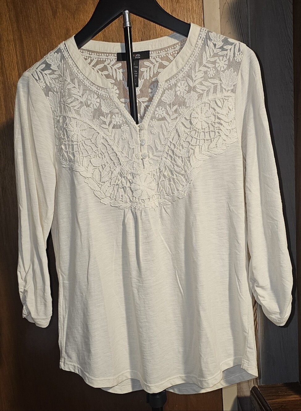 Style & Co. Cream Embroidered Lace-Yoke Petite Blouse